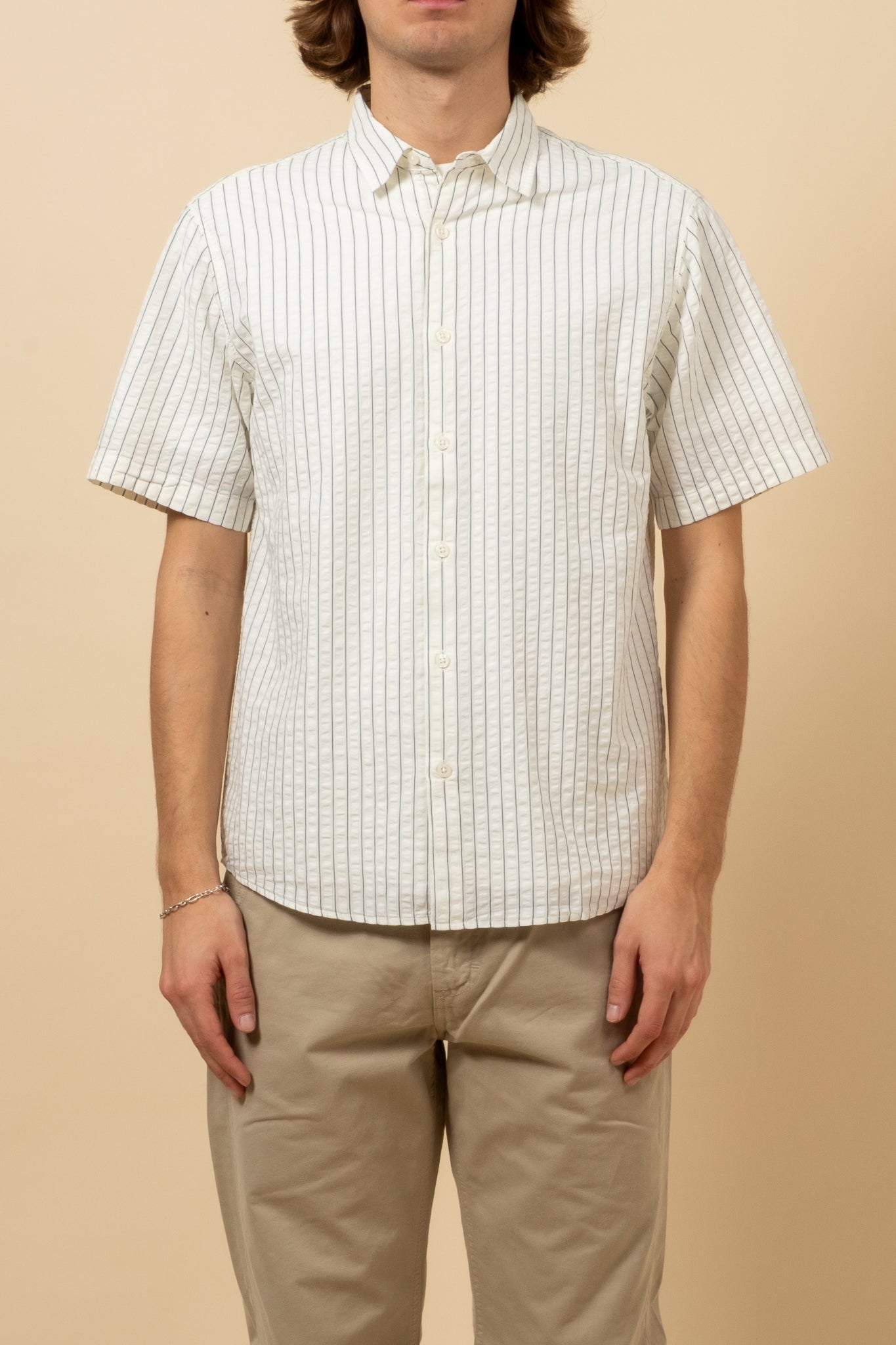 Aberlady Seersucker Shirt - White x Blue Stripe