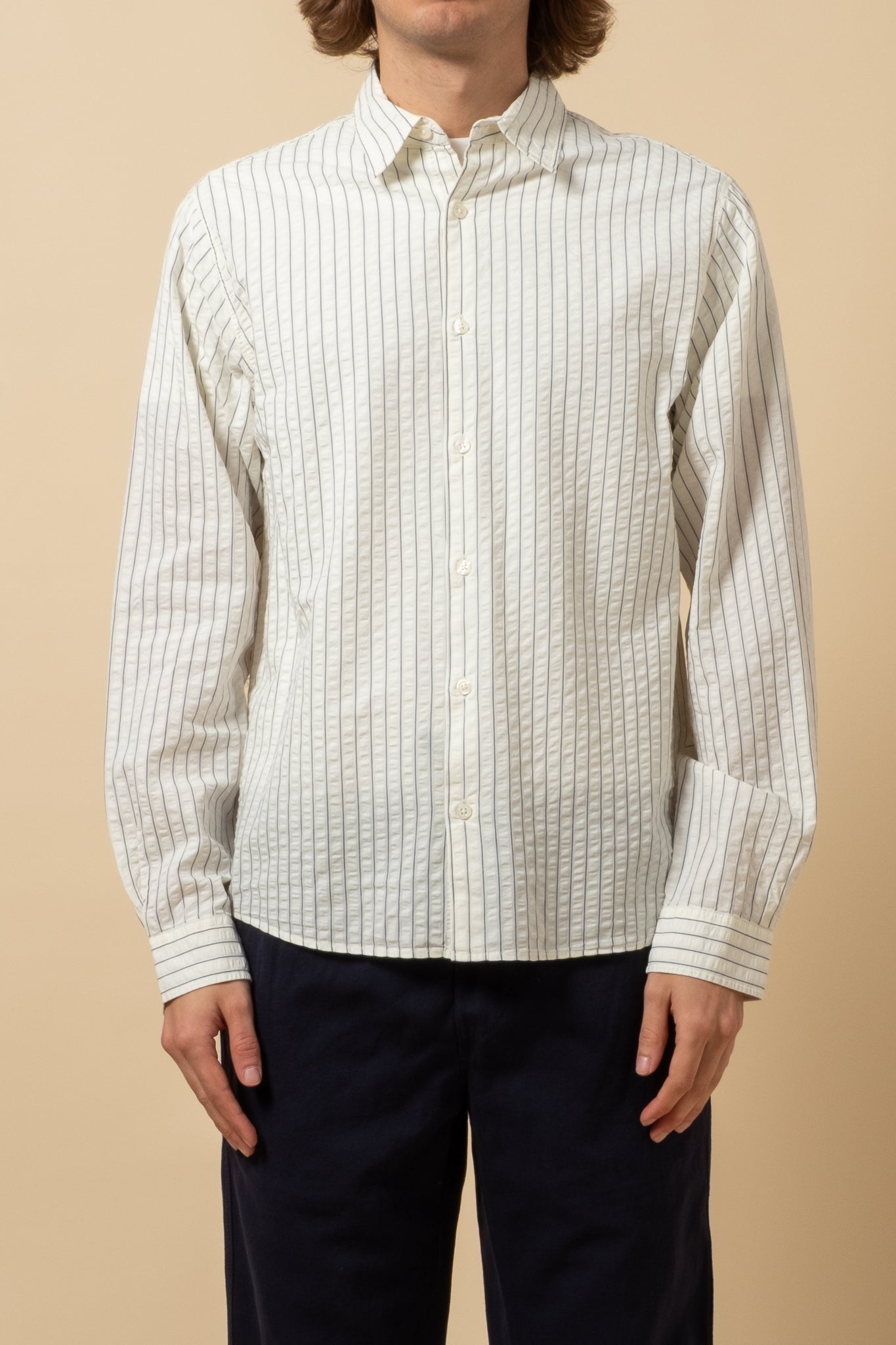 Dirleton Seersucker Shirt - White x Blue Stripe