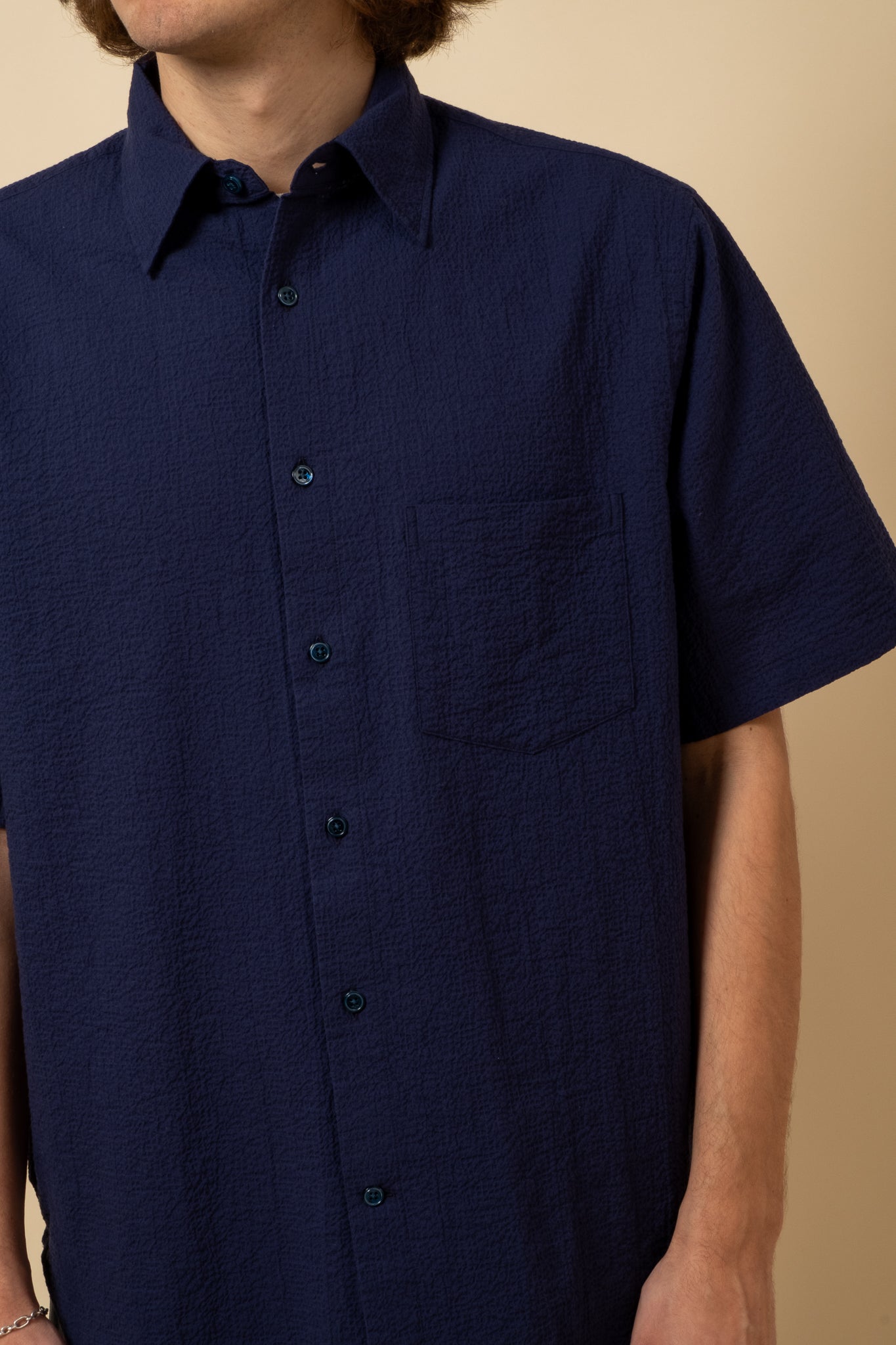 Short Sleeve Seersucker Shirt - Dark Blue