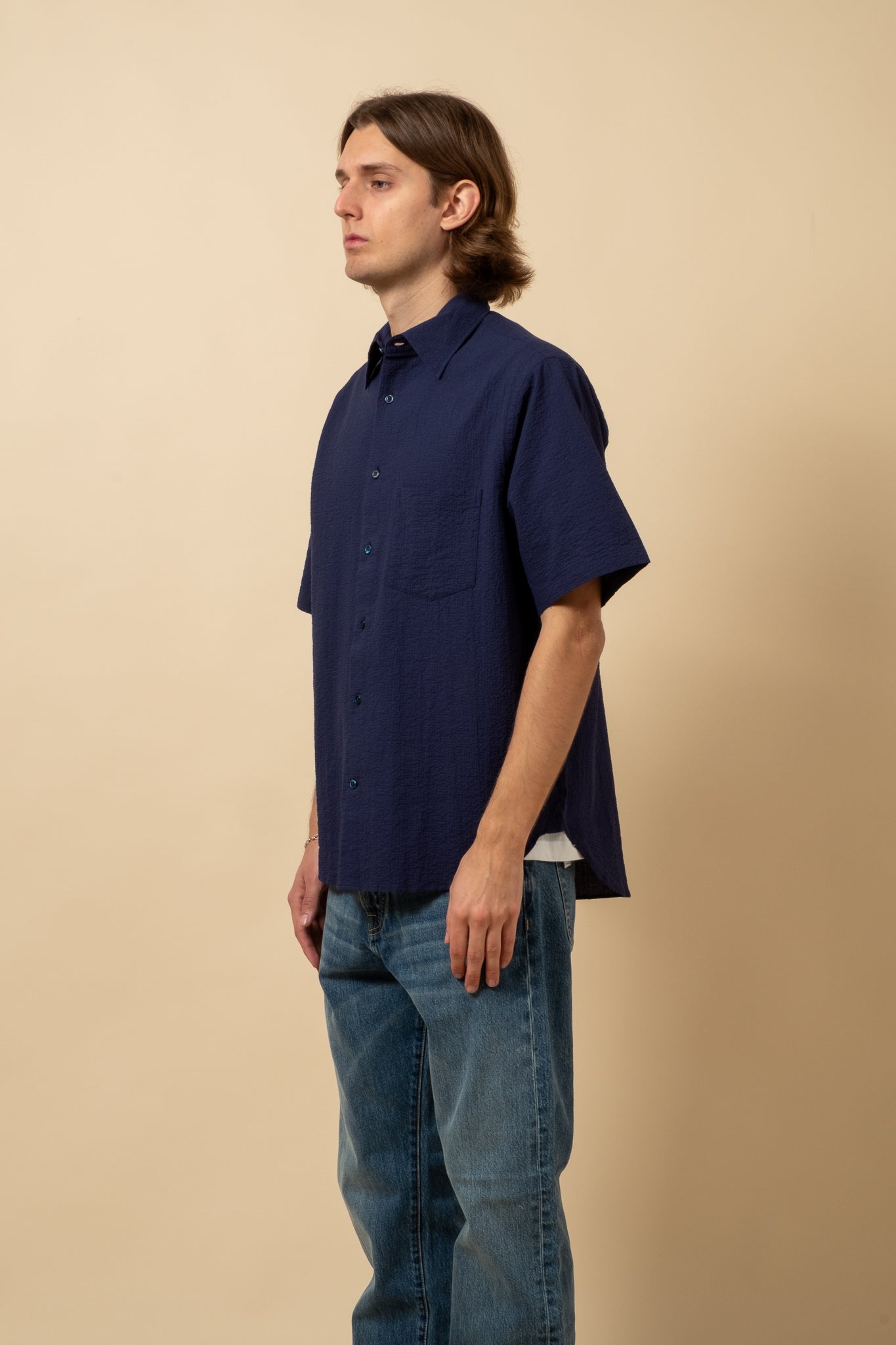 Short Sleeve Seersucker Shirt - Dark Blue