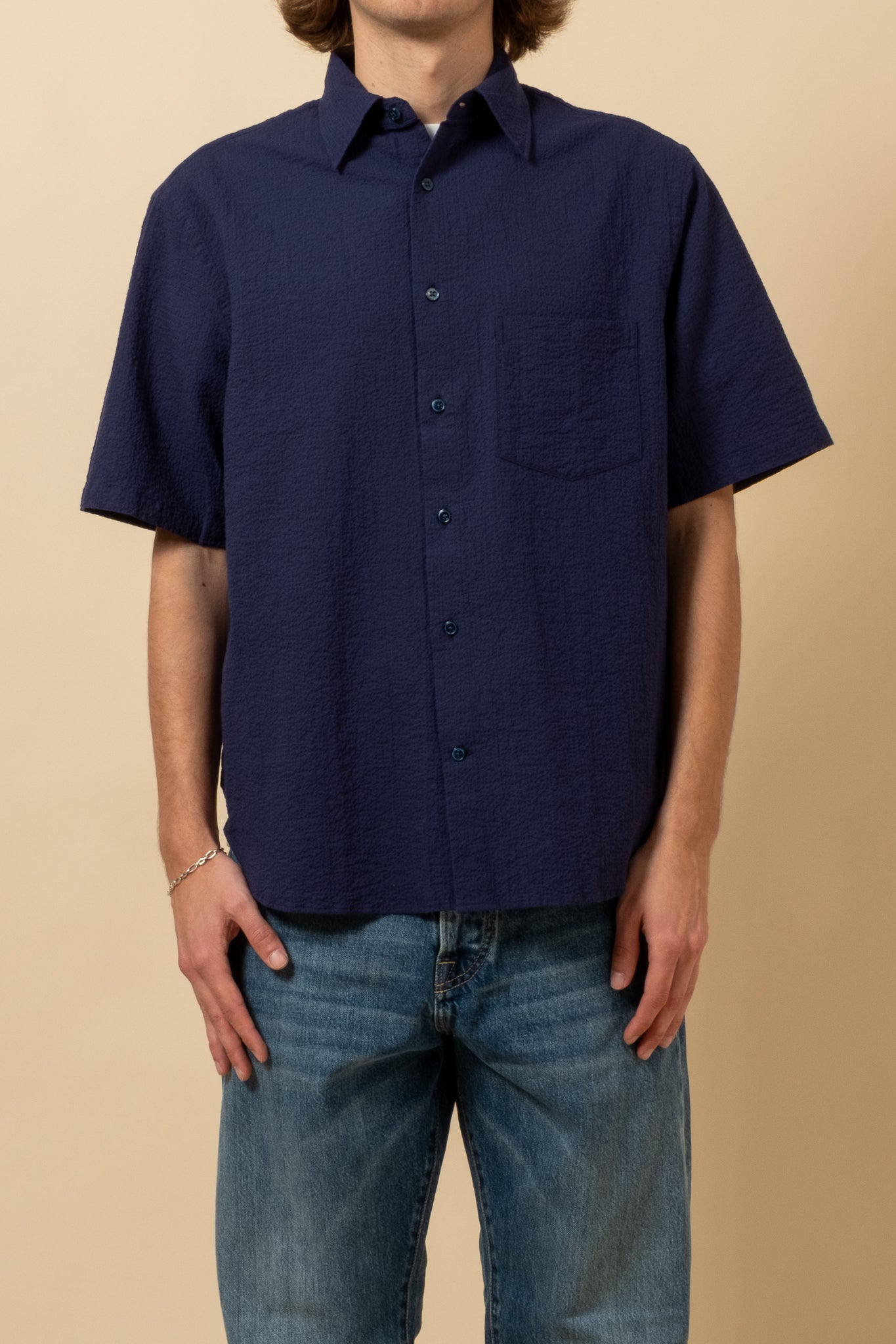 Short Sleeve Seersucker Shirt - Dark Blue