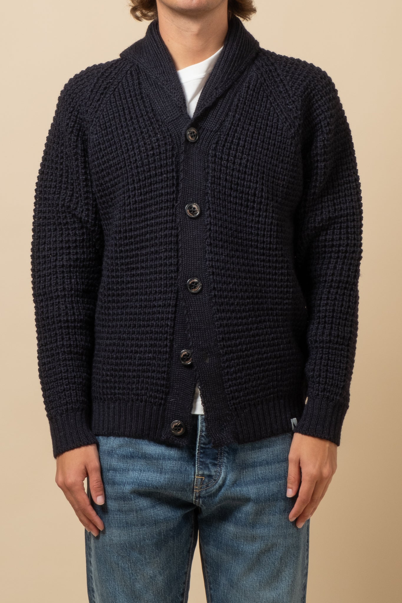 Waffle Shawl Cardigan - Navy