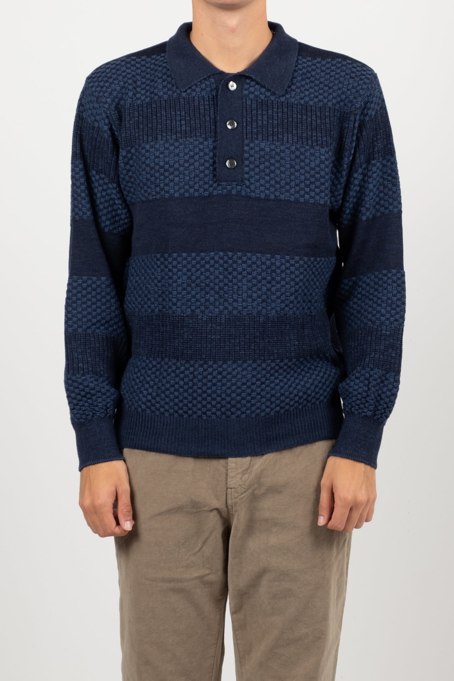 Moss Stitch Polo - Navy