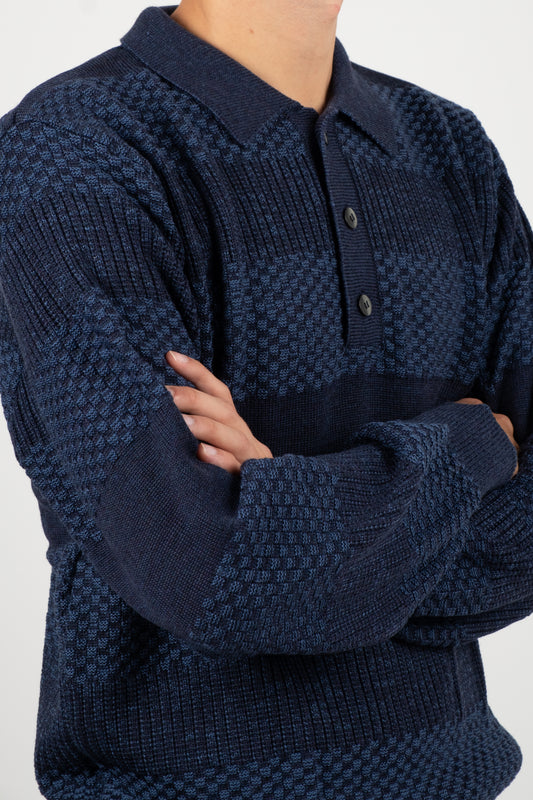 Moss Stitch Polo - Navy